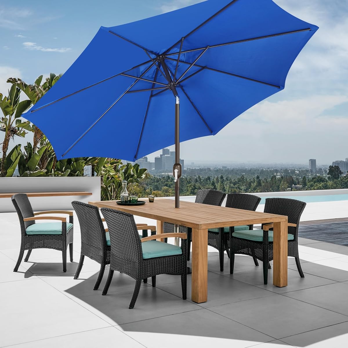 Blissun 9' Outdoor Patio Umbrella, Outdoor Table Umbrella, Yard Umbrella, Market Umbrella with 8 Sturdy Ribs, Push Button Tilt and Crank, Royal Blue - detail image 5