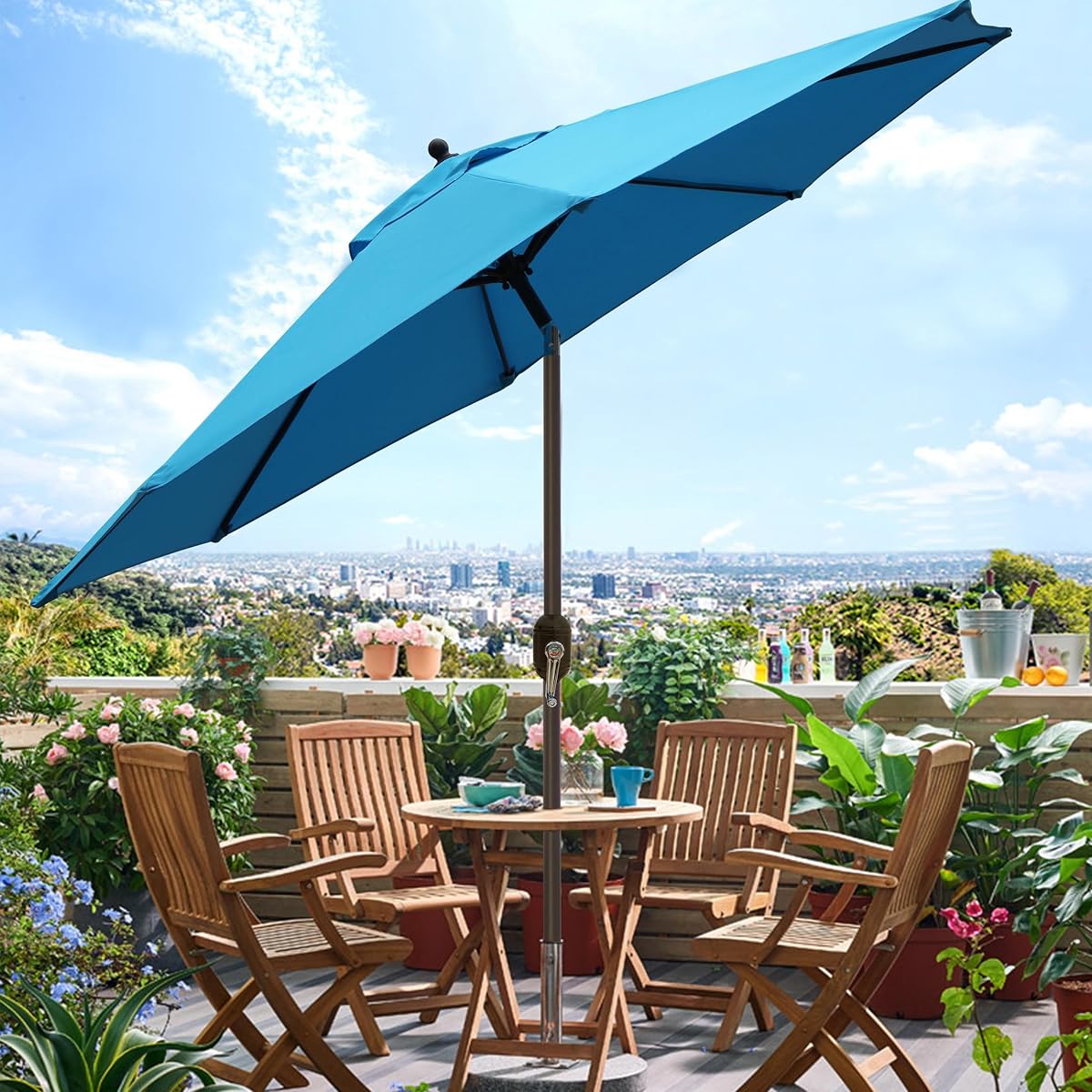 Blissun 9' Outdoor Patio Umbrella, Outdoor Table Umbrella, Yard Umbrella, Market Umbrella with 8 Sturdy Ribs, Push Button Tilt and Crank (Light Blue) - detail image 6