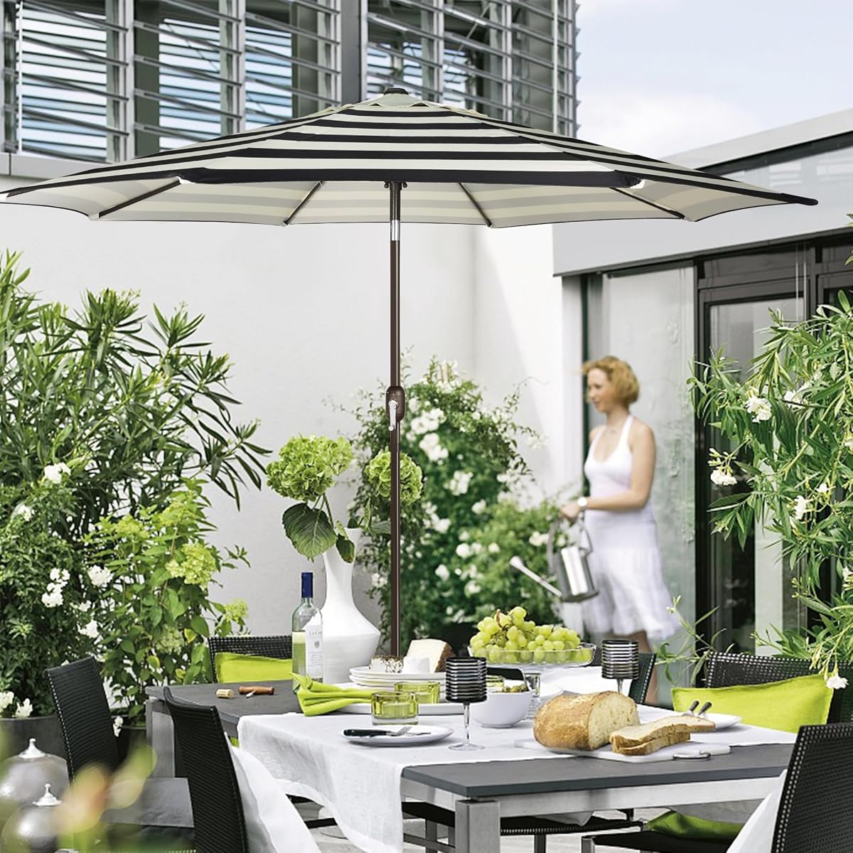 Blissun 9FT Patio Umbrella, Outdoor Table Umbrella, Yard Umbrella, Market Umbrella with 8 Sturdy Ribs, Push Button Tilt and Crank, Black & Ivory - detail image 6
