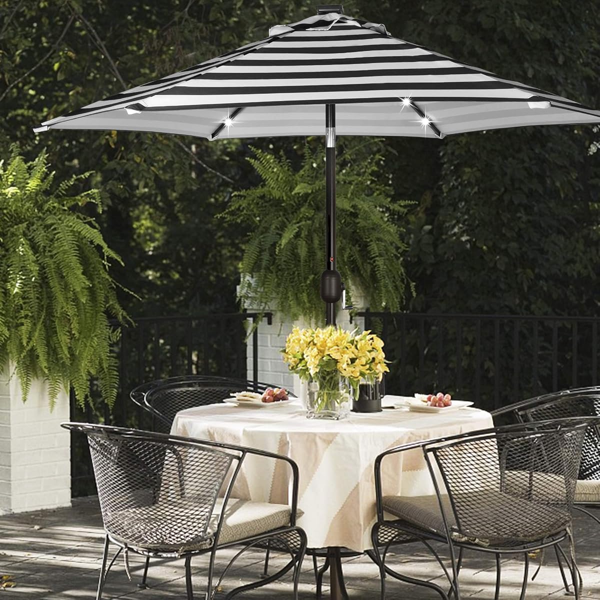 Blissun 7.5 ft Solar Umbrella, 18 LED Lighted Patio Umbrella, Table Market Umbrella, Black & White - detail image 6