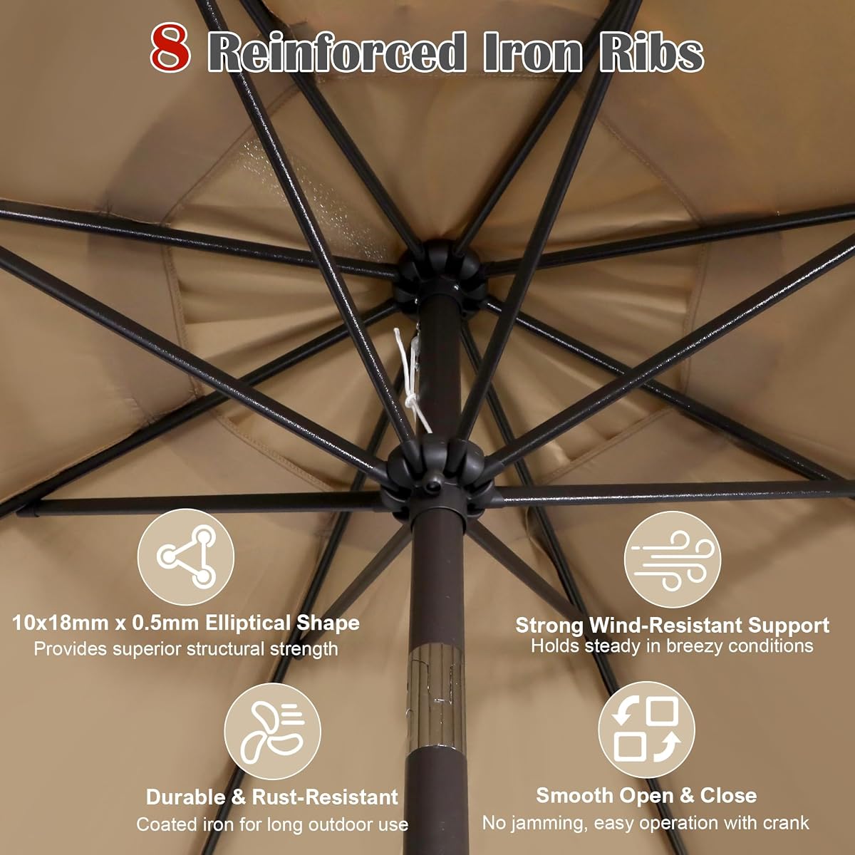 Blissun 9' Outdoor Patio Umbrella, Outdoor Table Umbrella, Yard Umbrella, Market Umbrella with 8 Sturdy Ribs, Push Button Tilt and Crank (Tan) - detail image 3