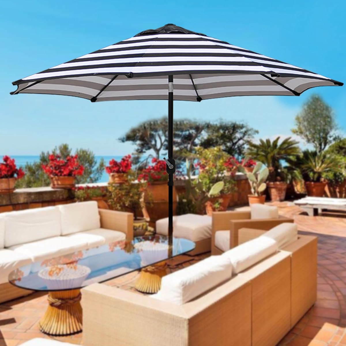 Blissun 9' Outdoor Patio Umbrella, Striped Patio Umbrella, Outdoor Table Umbrella, Market Umbrella with 8 Sturdy Ribs, Push Button Tilt and Crank (Black & White Stripe) - detail image 5