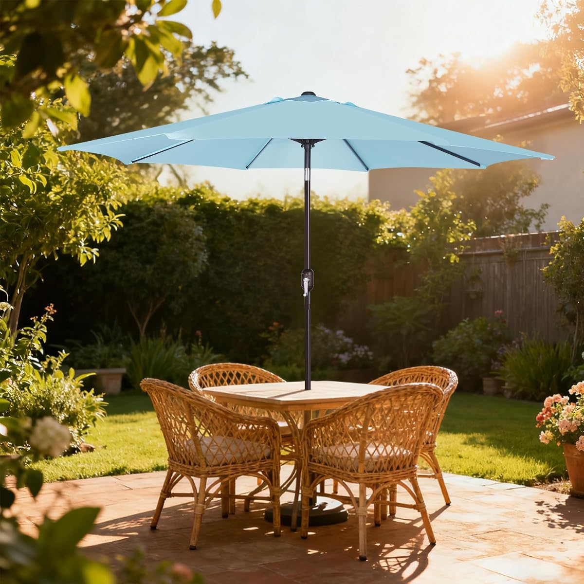 Blissun 9FT Patio Umbrella, Outdoor Table Umbrella, Yard Umbrella, Market Umbrella with 8 Sturdy Ribs, Push Button Tilt and Crank, Pale Turquoise - detail image 6