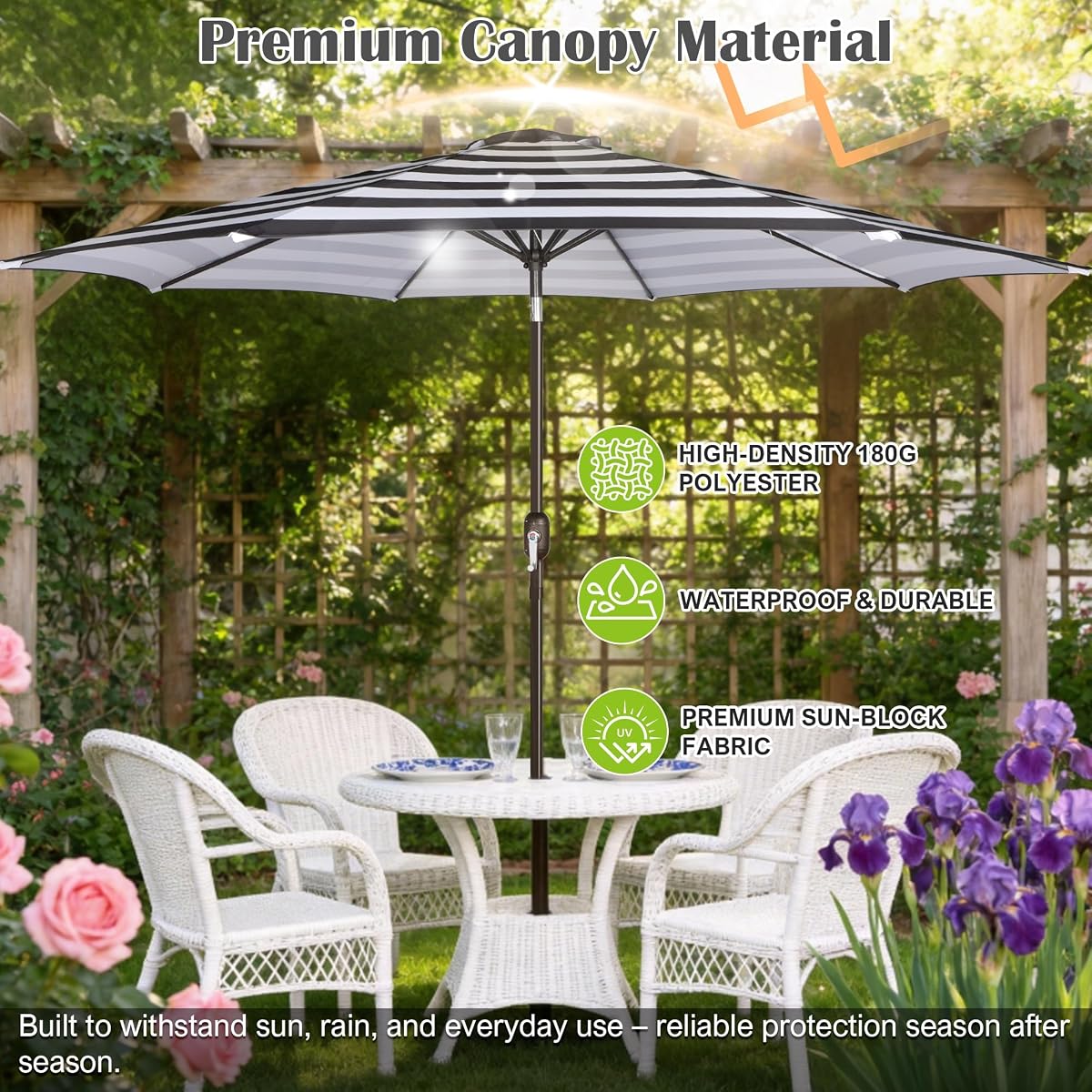 Blissun 10FT Patio Umbrella, Outdoor Table Umbrella, Yard Umbrella, Market Umbrella with 8 Sturdy Ribs, Push Button Tilt and Crank, Black & White Stripe - detail image 3