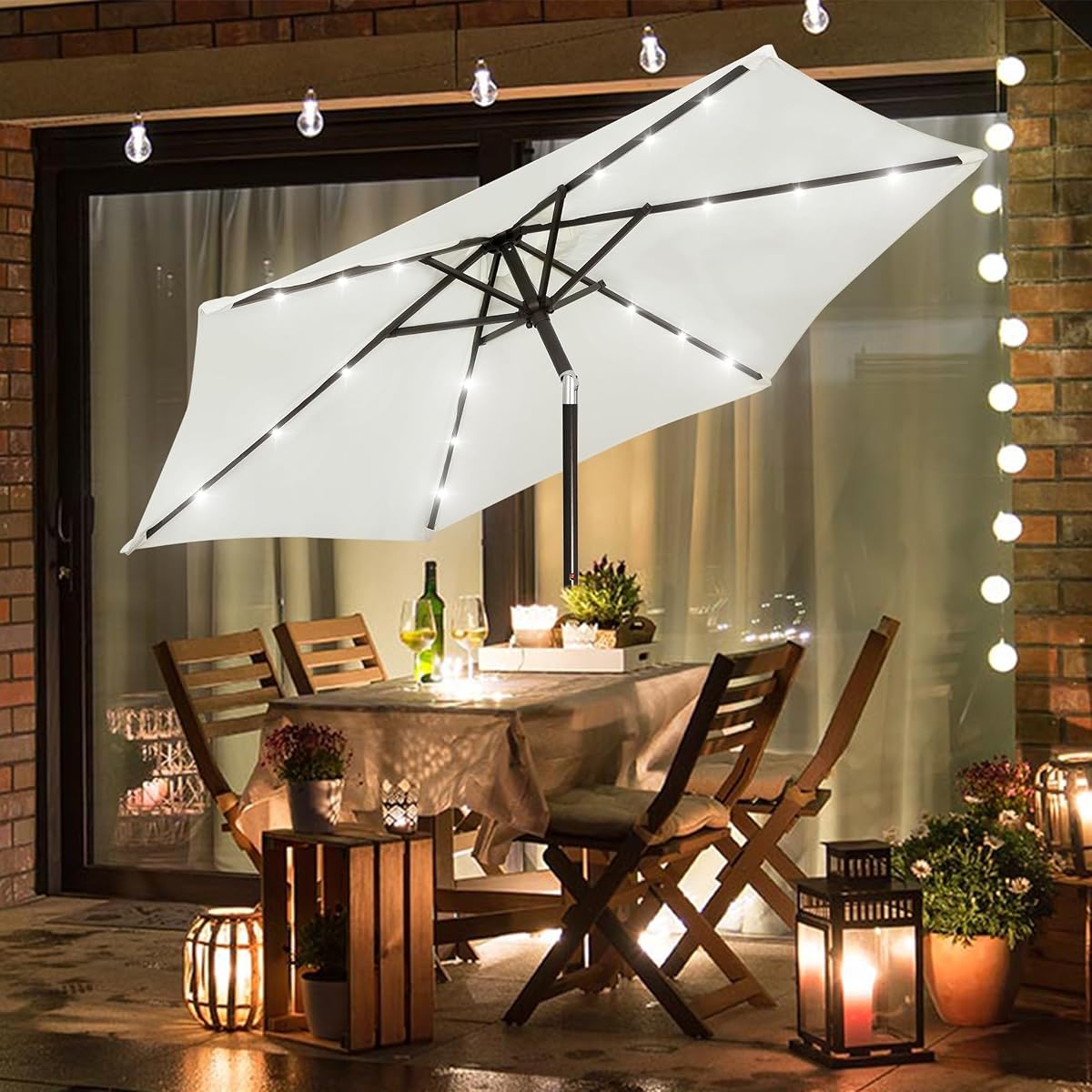 Blissun 7.5 ft Solar Umbrella 18 LED Lighted Patio Umbrella Table Market Umbrella with Tilt and Crank Outdoor Umbrella for Garden, Deck, Backyard, Pool and Beach (Creamy White) - detail image 5