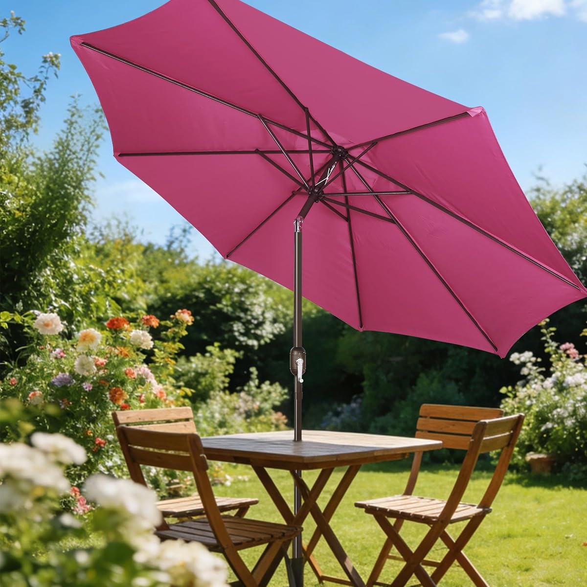 Blissun 9FT Patio Umbrella, Outdoor Table Umbrella, Yard Umbrella, Market Umbrella with 8 Sturdy Ribs, Push Button Tilt and Crank, Fuchsia - detail image 6