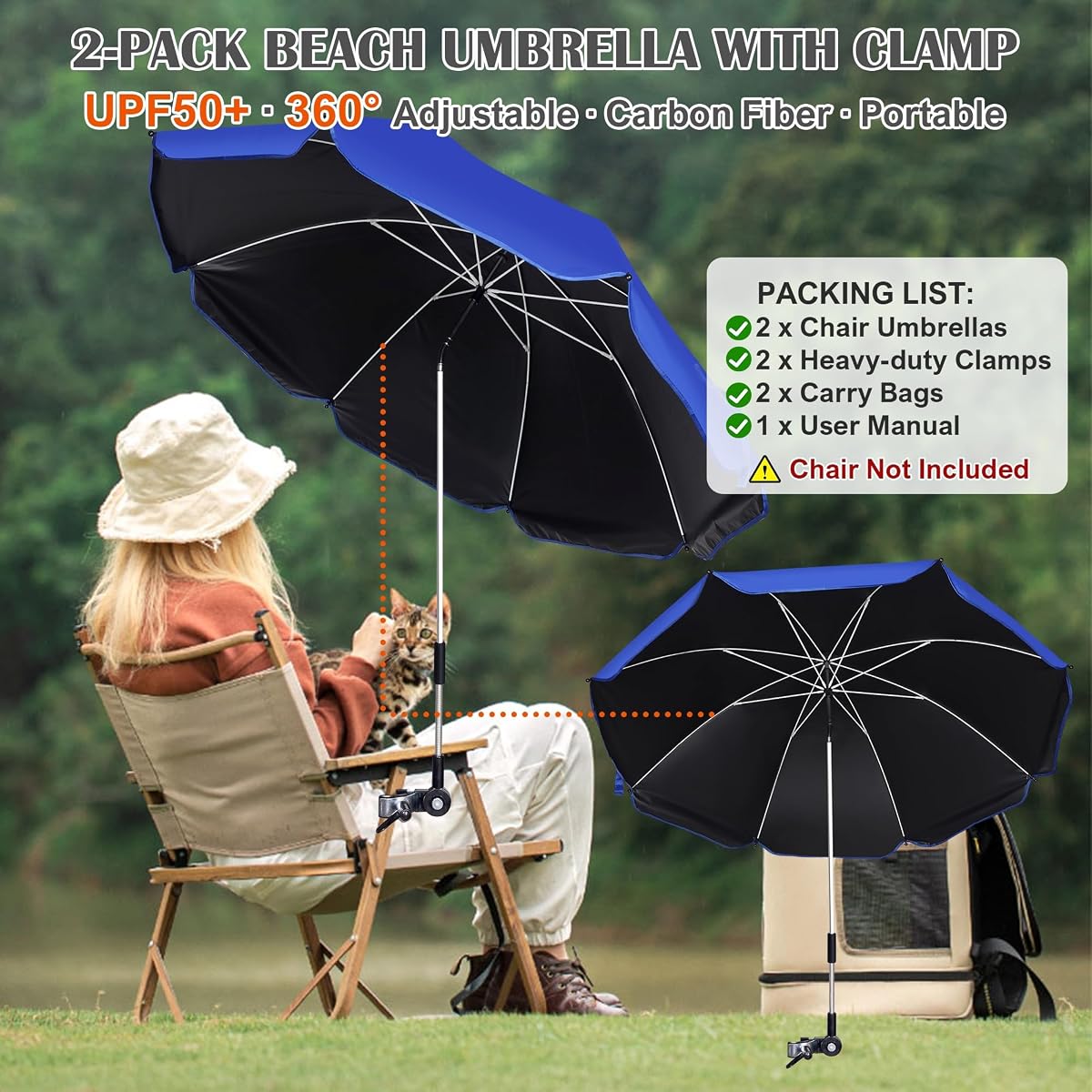 Blissun 2 Pack Chair Umbrella with Clamp, Adjustable Umbrellas for Chair, UPF50+ Sun Shade Umbrella for Beach Chair, Wheelchair, Camping Chair, Patio Chair, Golf Carts, Royal Blue - detail image 2