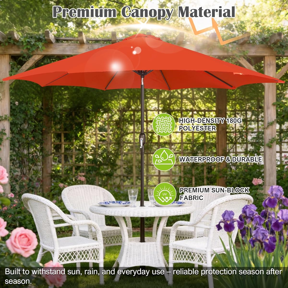 Blissun 10FT Patio Umbrella, Outdoor Table Umbrella, Yard Umbrella, Market Umbrella with 8 Sturdy Ribs, Push Button Tilt and Crank, Orange - detail image 4