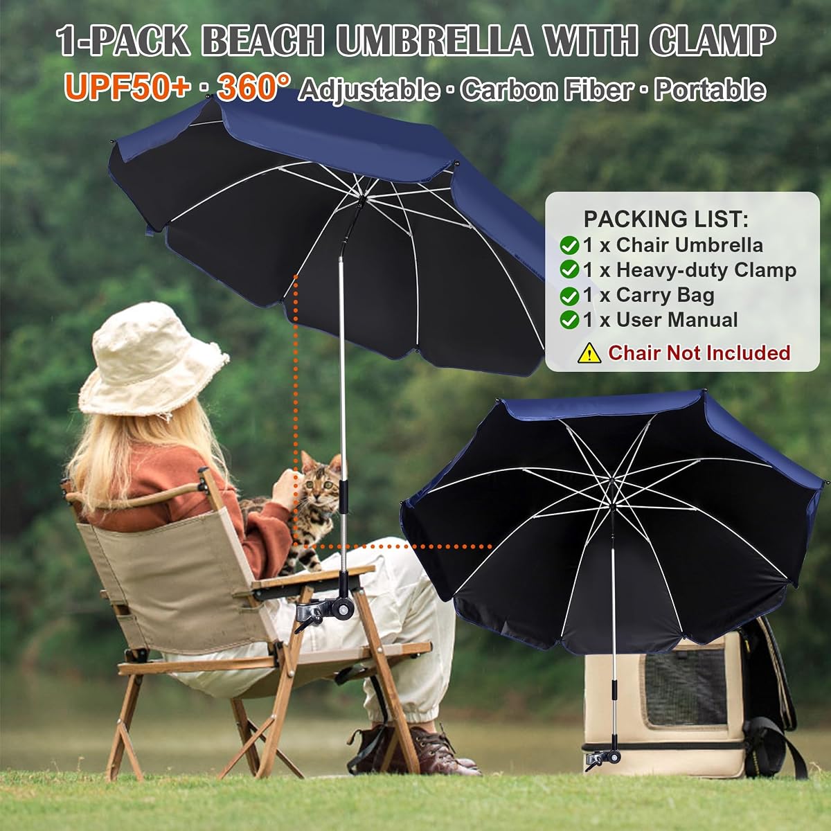 Blissun Chair Umbrella with Clamp, Adjustable Umbrellas for Chair, UPF50+ Sun Shade Umbrella for Beach Chair, Wheelchair, Camping Chair, Patio Chair, Golf Carts, 1 Pack, Navy Blue - detail image 2