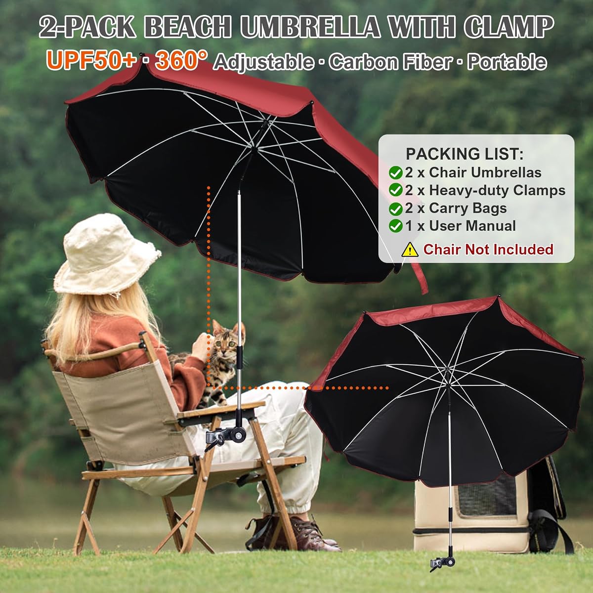 Blissun 2 Pack Chair Umbrella with Clamp, Adjustable Umbrellas for Chair, UPF50+ Sun Shade Umbrella for Beach Chair, Wheelchair, Camping Chair, Patio Chair, Golf Carts, Pomegranate Red - detail image 2