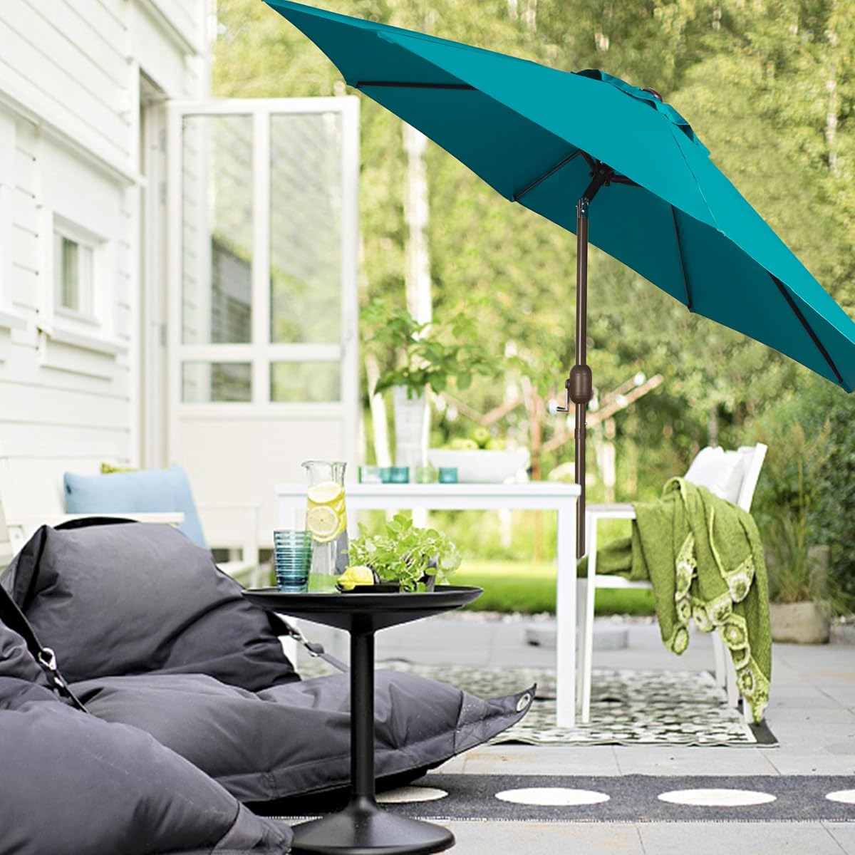 Blissun 9' Outdoor Patio Umbrella, Outdoor Table Umbrella, Yard Umbrella, Market Umbrella with 8 Sturdy Ribs, Push Button Tilt and Crank (Cerulean) - detail image 6