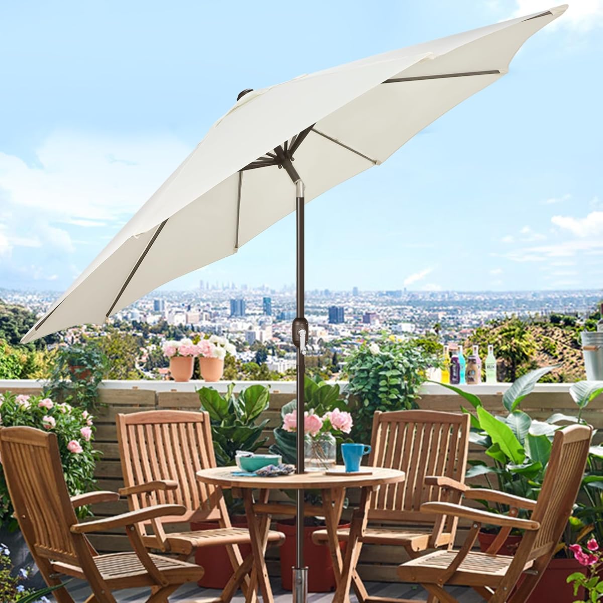 Blissun 9' Outdoor Patio Umbrella, Outdoor Table Umbrella, Yard Umbrella, Market Umbrella with 8 Sturdy Ribs, Push Button Tilt and Crank (Creamy White) - detail image 4