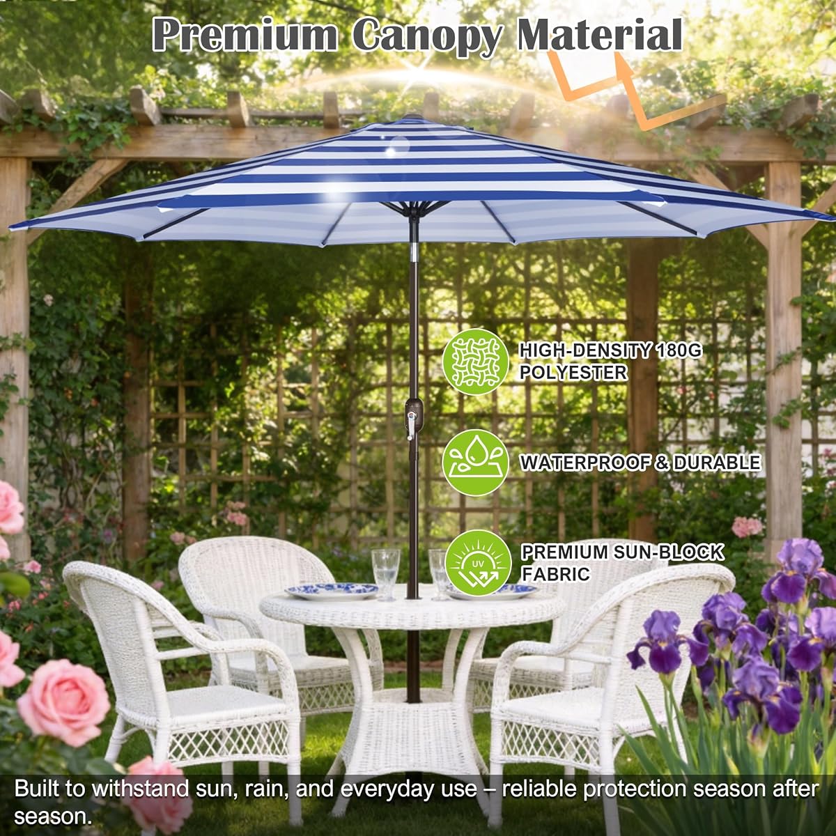 Blissun 10FT Patio Umbrella, Outdoor Table Umbrella, Yard Umbrella, Market Umbrella with 8 Sturdy Ribs, Push Button Tilt and Crank, Blue & White - detail image 3