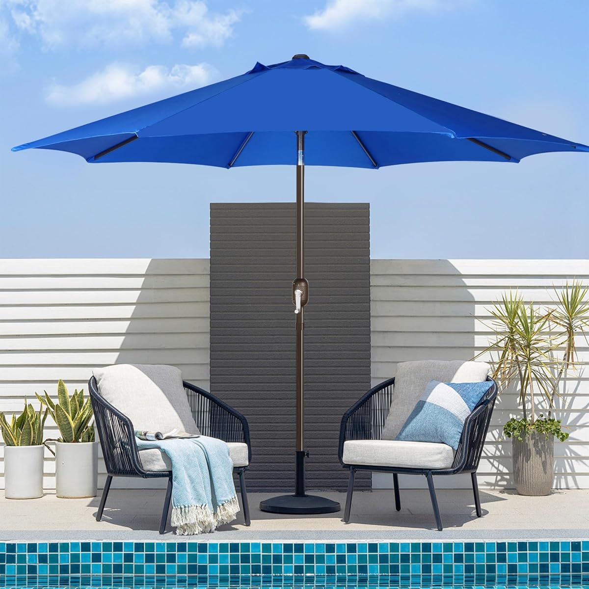 Blissun 9' Outdoor Patio Umbrella, Outdoor Table Umbrella, Yard Umbrella, Market Umbrella with 8 Sturdy Ribs, Push Button Tilt and Crank, Royal Blue - detail image 6