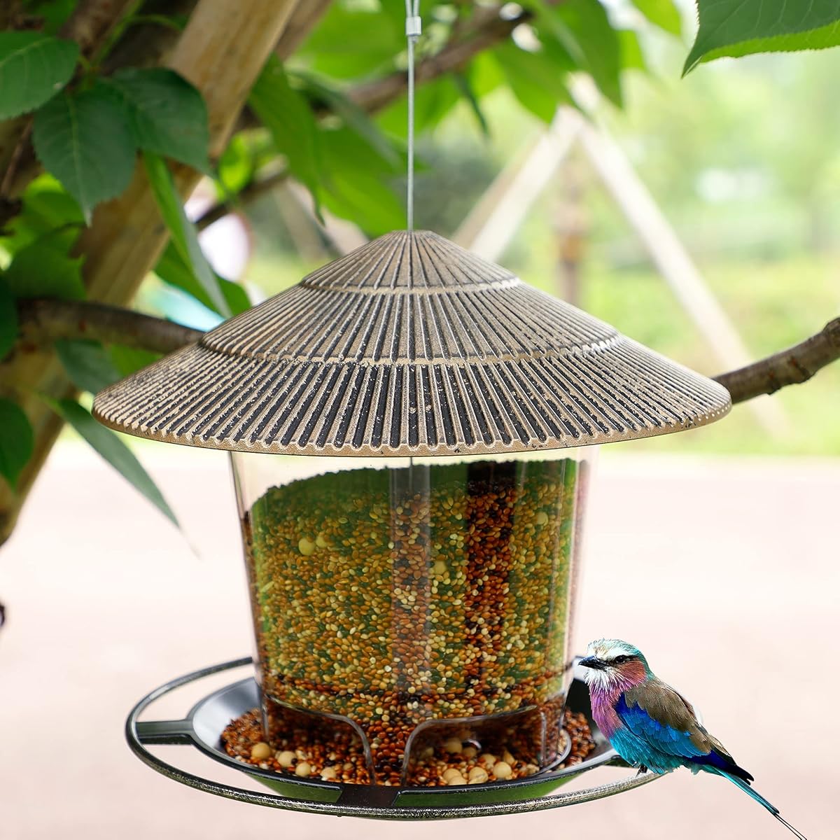 FORUP Panorama Bird Feeder, Hanging Wild Bird Feeder with Round Shaped Roof, Gazebo Bird Feeder for Outside Garden Yard Decoration, Bronze - imagem de detalhe 4