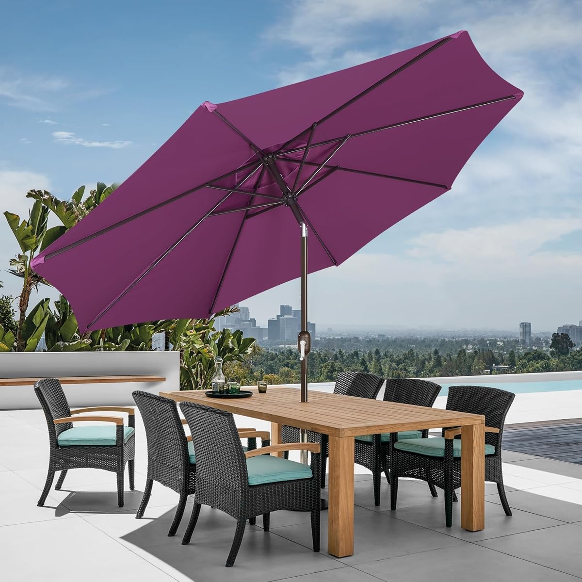 Blissun 9FT Patio Umbrella, Outdoor Table Umbrella, Yard Umbrella, Market Umbrella with 8 Sturdy Ribs, Push Button Tilt and Crank, Purple - detail image 6