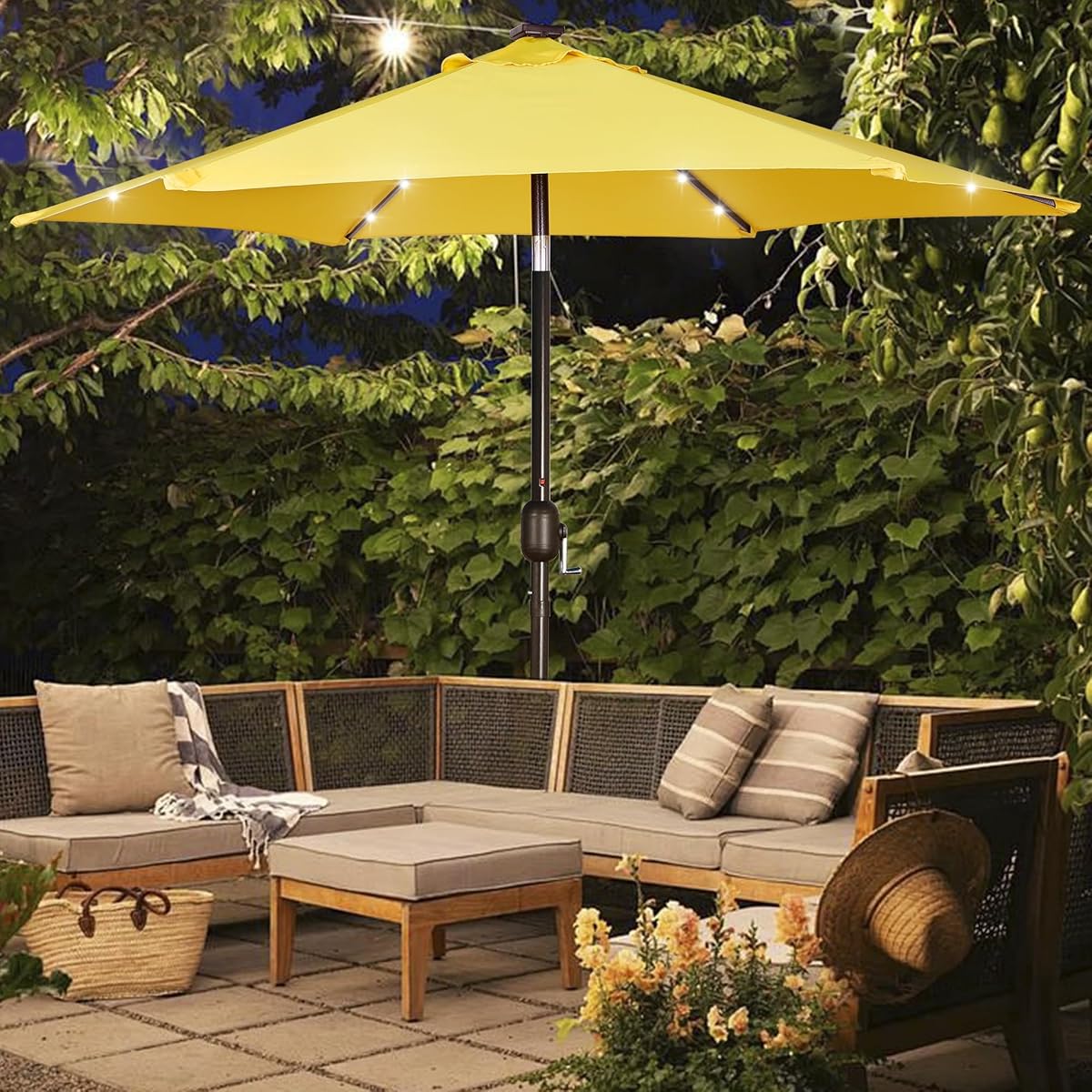 Blissun 7.5 ft Solar Umbrella 18 LED Lighted Patio Umbrella Table Market Umbrella with Tilt and Crank Outdoor Umbrella for Garden, Deck, Backyard, Pool and Beach (Yellow) - detail image 6