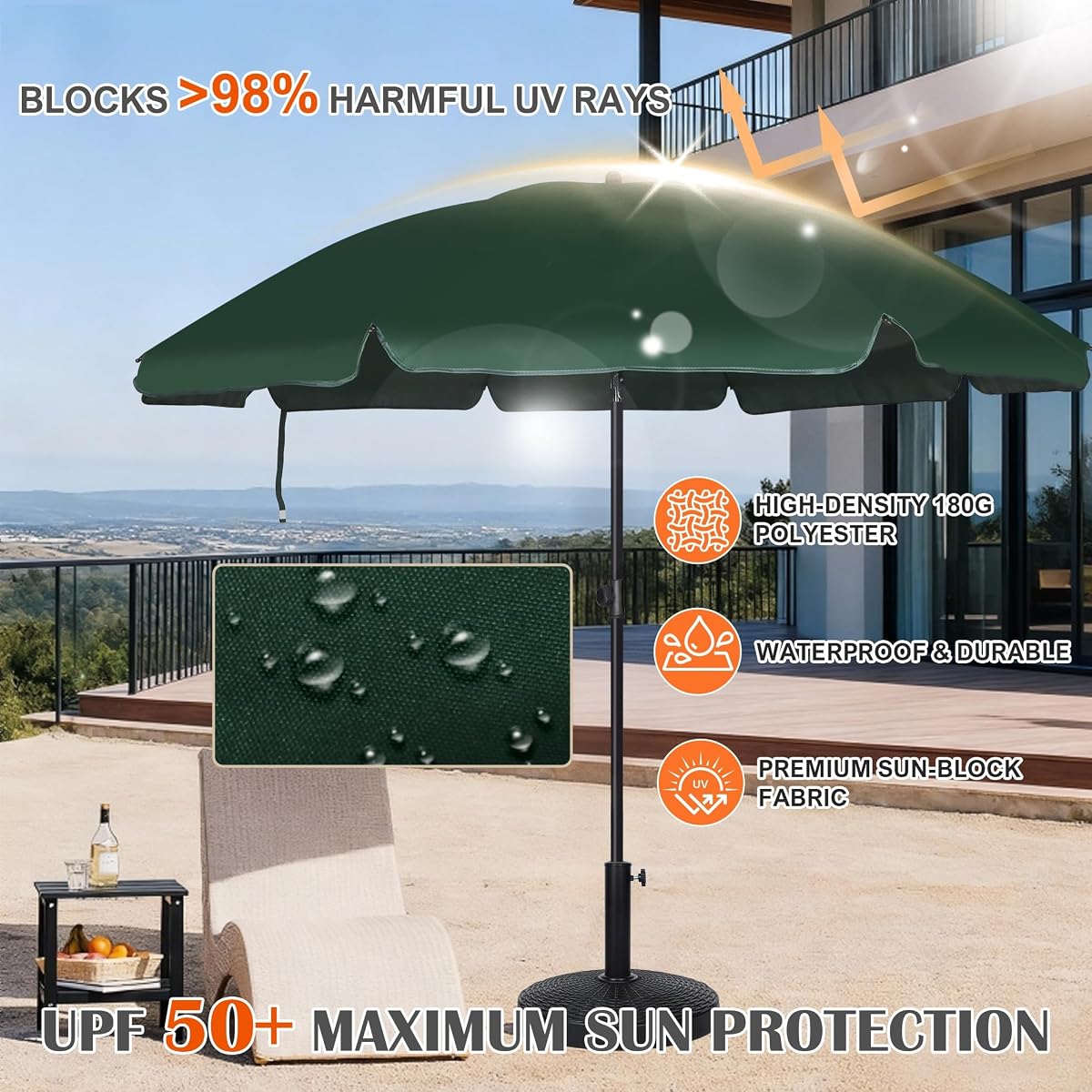 Blissun 6.5ft Patio Umbrella with Push Button Tilt & Height Adjustable, UV50+ Sun Protection with Sturdy Fiberglass Ribs & Iron Pole, Market Umbrella for Outdoor Table Garden Backyard Beach, Dark Green - detail image 4