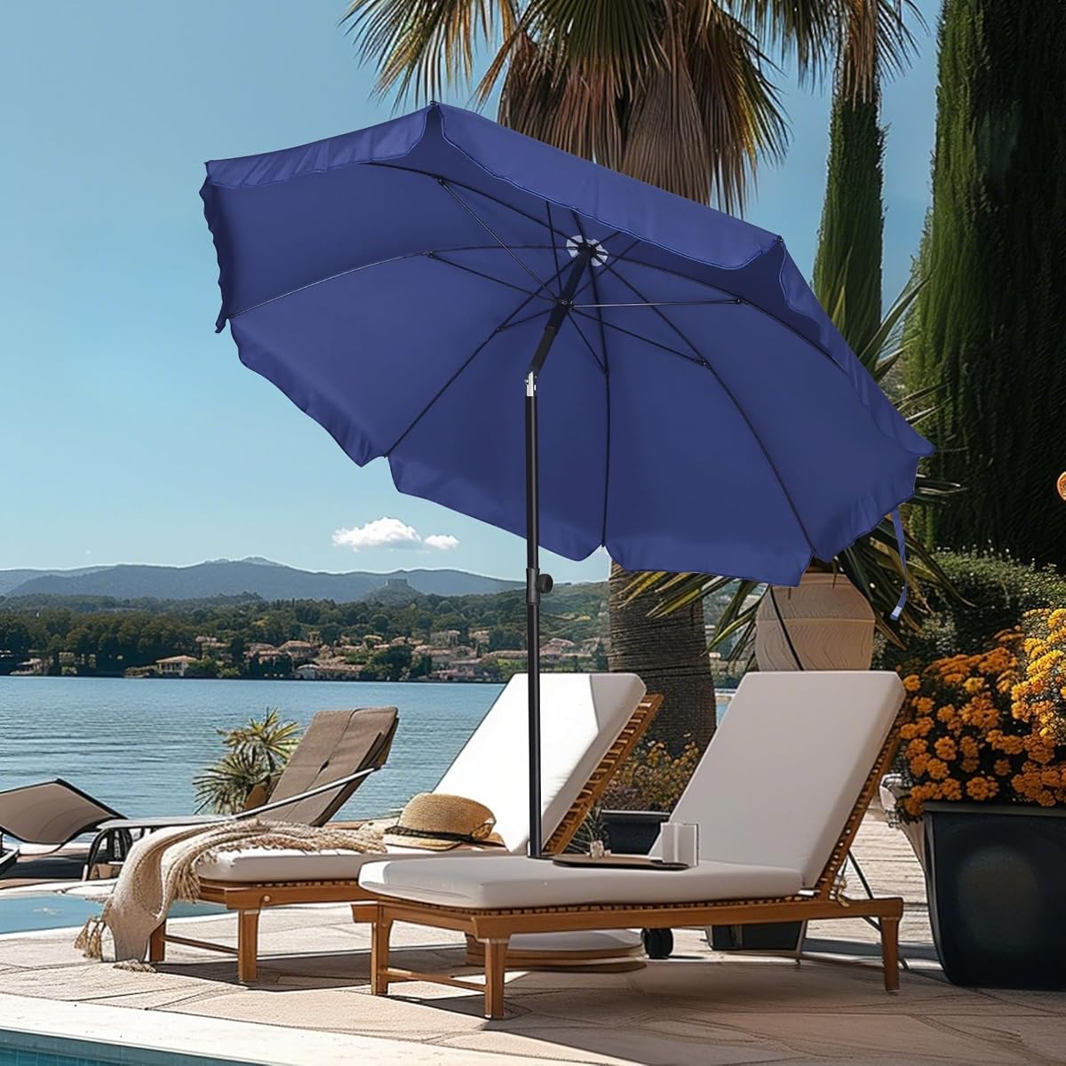 Blissun 6.5ft Patio Umbrella with Push Button Tilt & Height Adjustable, UV50+ Sun Protection with Sturdy Fiberglass Ribs & Iron Pole, Market Umbrella for Outdoor Table Garden Backyard Beach, Navy Blue - detail image 5