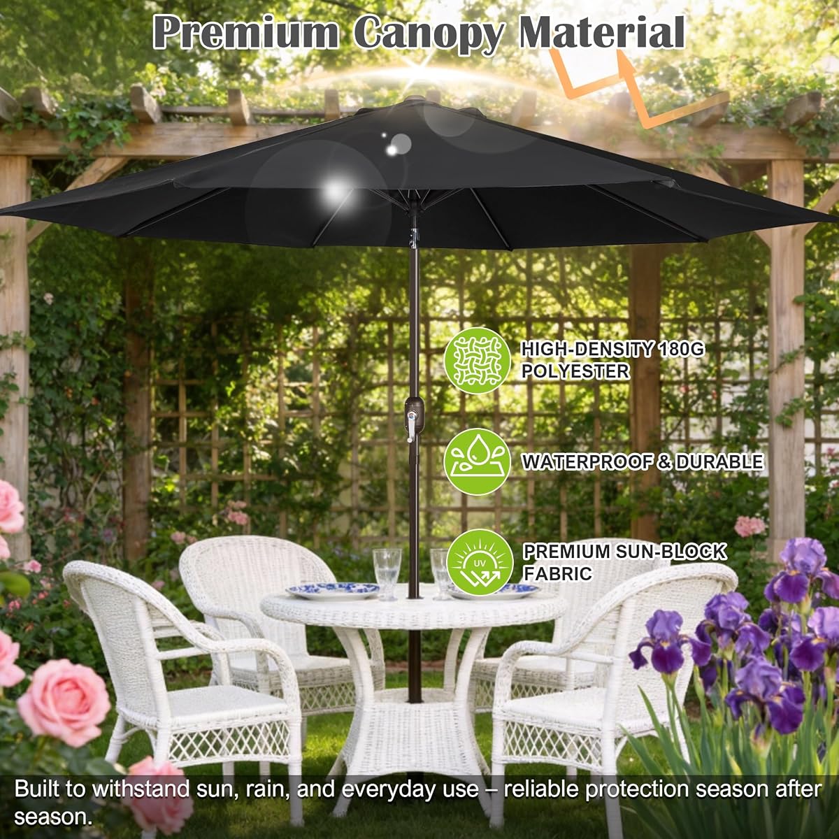 Blissun 10FT Patio Umbrella, Outdoor Table Umbrella, Yard Umbrella, Market Umbrella with 8 Sturdy Ribs, Push Button Tilt and Crank, Black - detail image 3