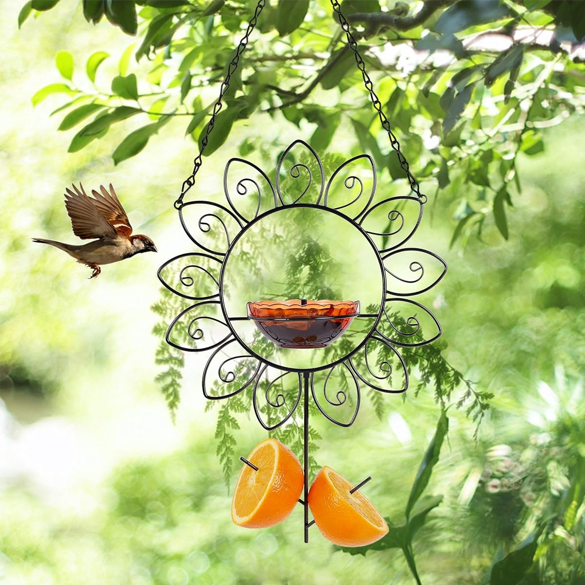 FORUP Oriole Bird Feeder for Outdoors Jelly and Oranges, Orange Fruit Oriole Jelly Bird Feeder, Outdoor Garden Metal Hanging Drinking Grape Jelly Container Hummingbird Feeder, Flower Shape - imagen de detalle 2