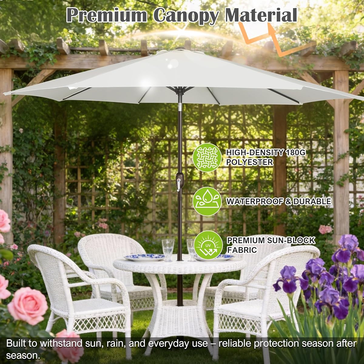 Blissun 10FT Patio Umbrella, Outdoor Table Umbrella, Yard Umbrella, Market Umbrella with 8 Sturdy Ribs, Push Button Tilt and Crank, Cream White - detail image 3