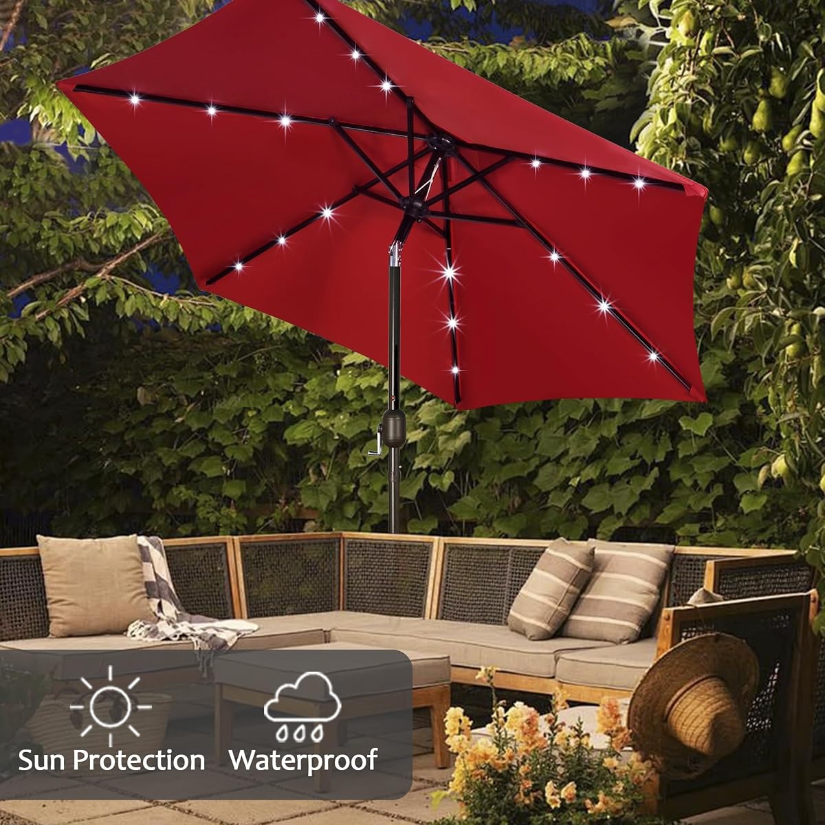 Blissun 7.5 ft Solar Umbrella, 18 LED Lighted Patio Umbrella, Table Market Umbrella, Red - detail image 5