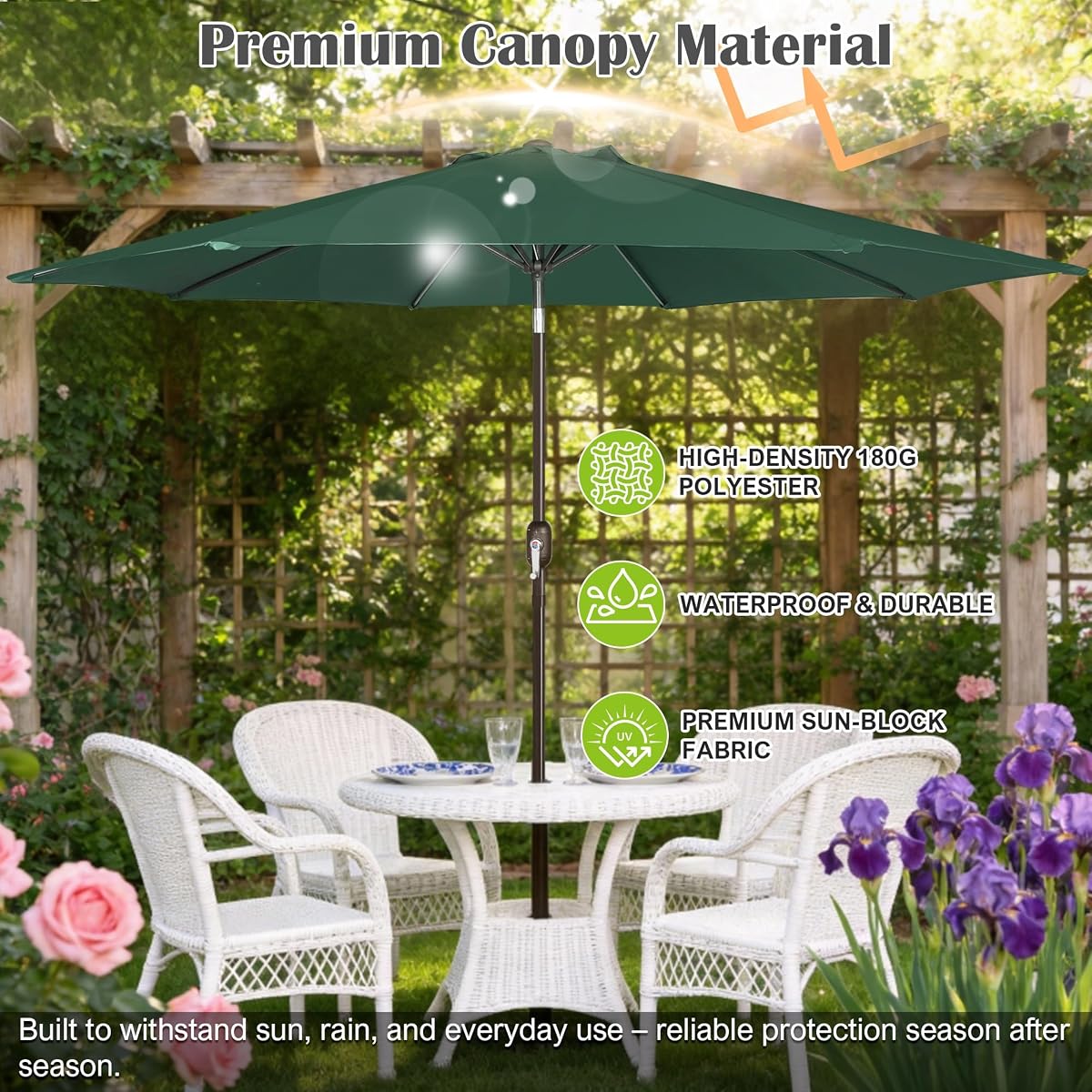 Blissun 10FT Patio Umbrella, Outdoor Table Umbrella, Yard Umbrella, Market Umbrella with 8 Sturdy Ribs, Push Button Tilt and Crank, Dark Green - detail image 3