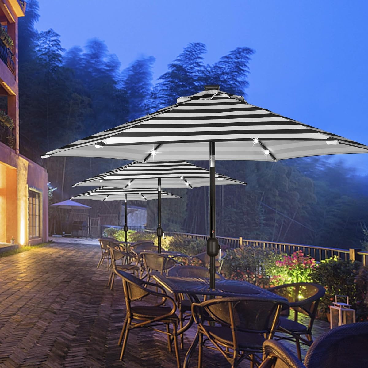 Blissun 7.5 ft Solar Umbrella, 18 LED Lighted Patio Umbrella, Table Market Umbrella, Black & White - detail image 4