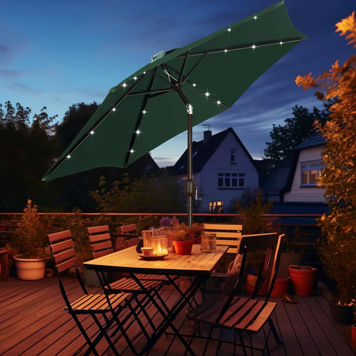 Blissun 7.5 ft Solar Umbrella 18 LED Lighted Patio Umbrella Table Market Umbrella, Dark Green - detail image 6