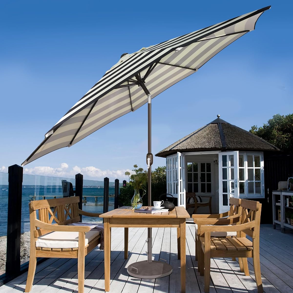 Blissun 9FT Patio Umbrella, Outdoor Table Umbrella, Yard Umbrella, Market Umbrella with 8 Sturdy Ribs, Push Button Tilt and Crank, Black & Ivory - detail image 5
