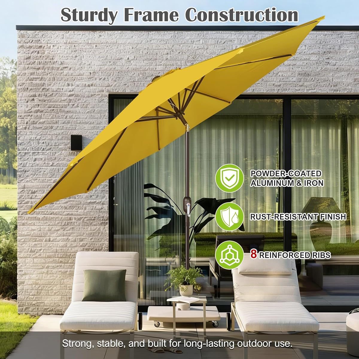 Blissun 10FT Patio Umbrella, Outdoor Table Umbrella, Yard Umbrella, Market Umbrella with 8 Sturdy Ribs, Push Button Tilt and Crank, Yellow - detail image 2