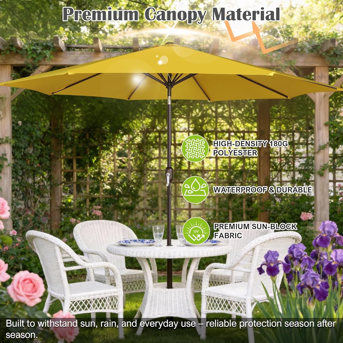 Blissun 10FT Patio Umbrella, Outdoor Table Umbrella, Yard Umbrella, Market Umbrella with 8 Sturdy Ribs, Push Button Tilt and Crank, Yellow - detail image 3