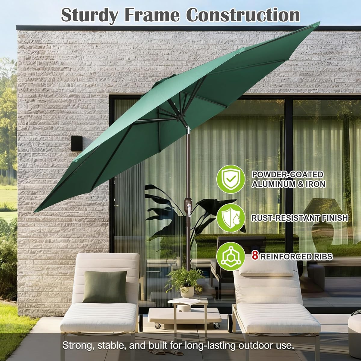Blissun 10FT Patio Umbrella, Outdoor Table Umbrella, Yard Umbrella, Market Umbrella with 8 Sturdy Ribs, Push Button Tilt and Crank, Seaglass - detail image 2