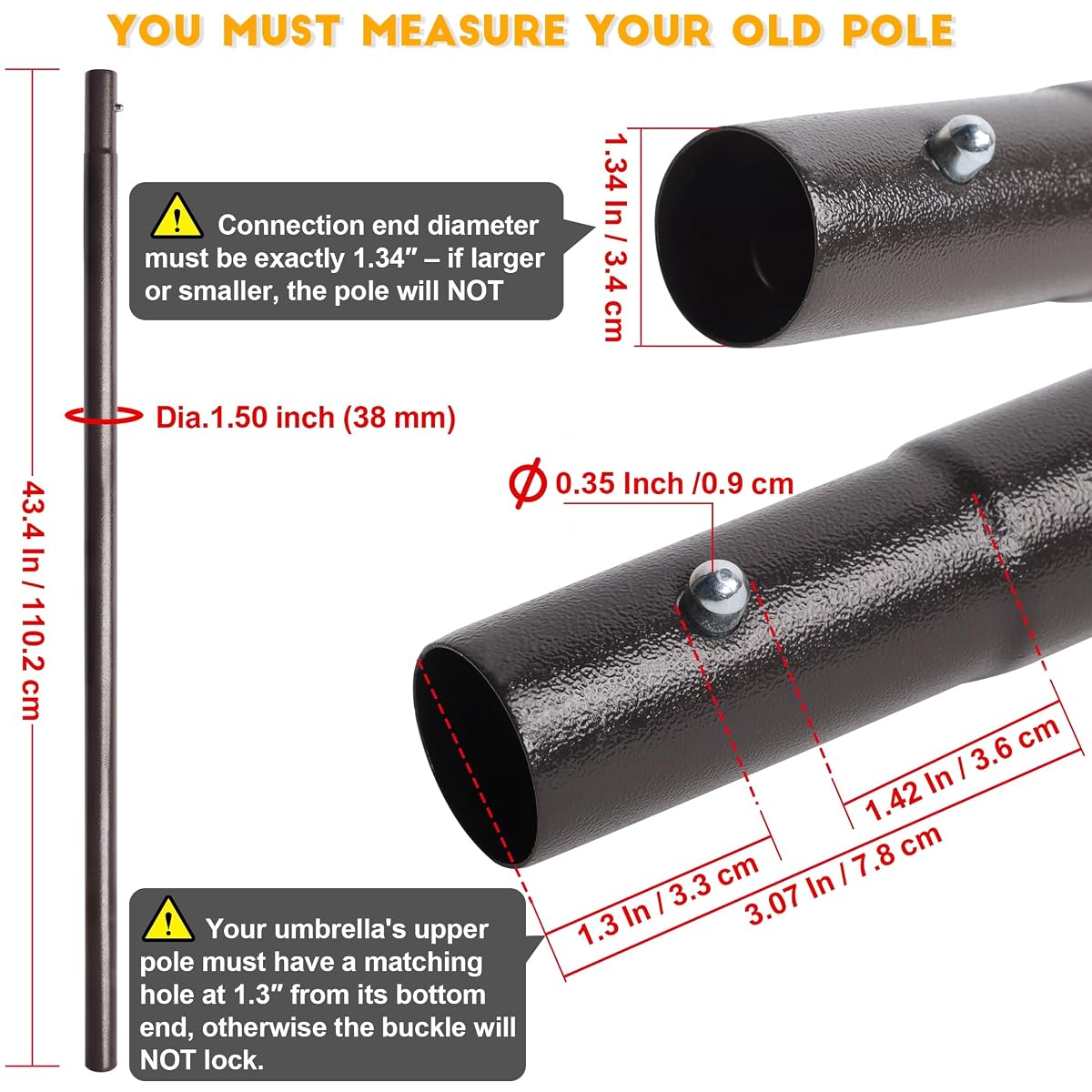 Blissun 43" Umbrella Replacement Lower Pole, Patio Umbrella Bottom Pole with Bullet Buckle, Only Compatible Umbrellas - detail image 1