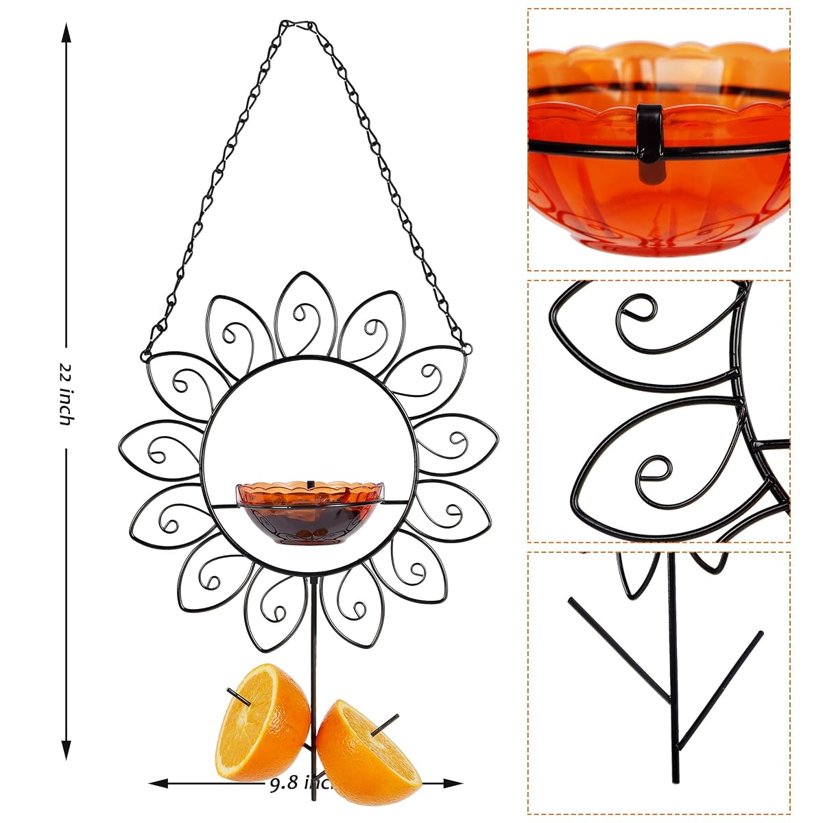 FORUP Oriole Bird Feeder for Outdoors Jelly and Oranges, Orange Fruit Oriole Jelly Bird Feeder, Outdoor Garden Metal Hanging Drinking Grape Jelly Container Hummingbird Feeder, Flower Shape - imagen de detalle 1