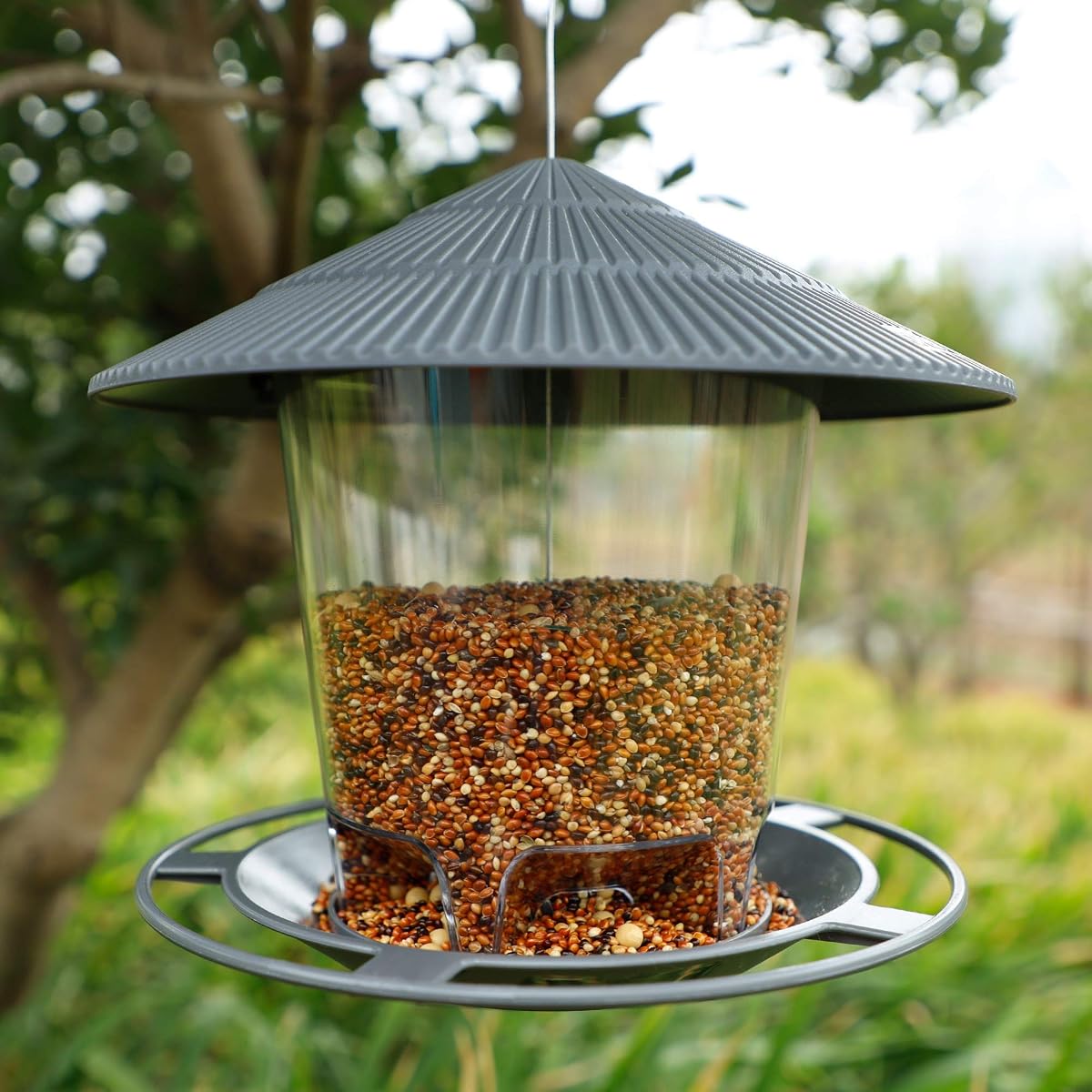 FORUP Panorama Bird Feeder, Hanging Wild Bird Feeder with Round Shaped Roof, Gazebo Bird Feeder for Outside Garden Yard Decoration, Grey - detail image 2