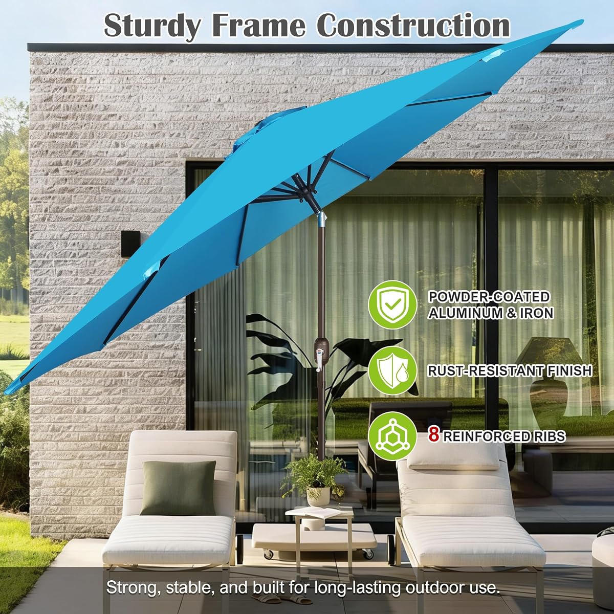Blissun 10FT Patio Umbrella, Outdoor Table Umbrella, Yard Umbrella, Market Umbrella with 8 Sturdy Ribs, Push Button Tilt and Crank, Light Blue - detail image 2