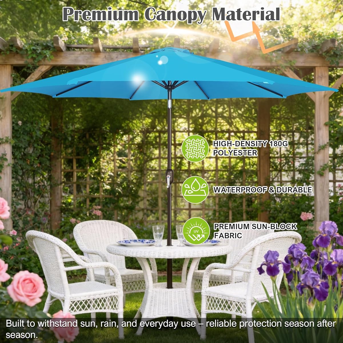 Blissun 10FT Patio Umbrella, Outdoor Table Umbrella, Yard Umbrella, Market Umbrella with 8 Sturdy Ribs, Push Button Tilt and Crank, Light Blue - detail image 3