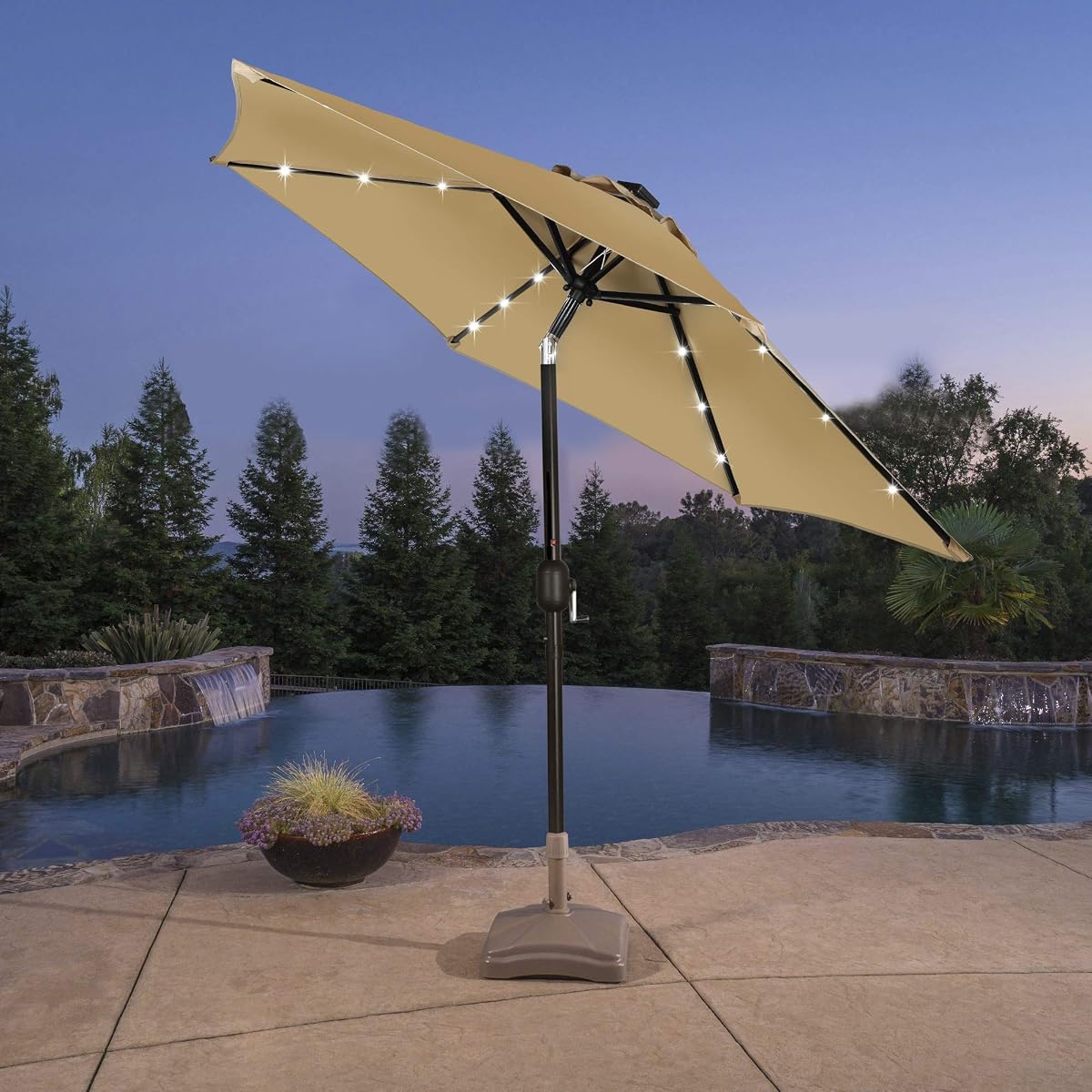 Blissun 7.5 ft Solar Umbrella, 18 LED Lighted Patio Umbrella, Table Market Umbrella, Tan - detail image 6
