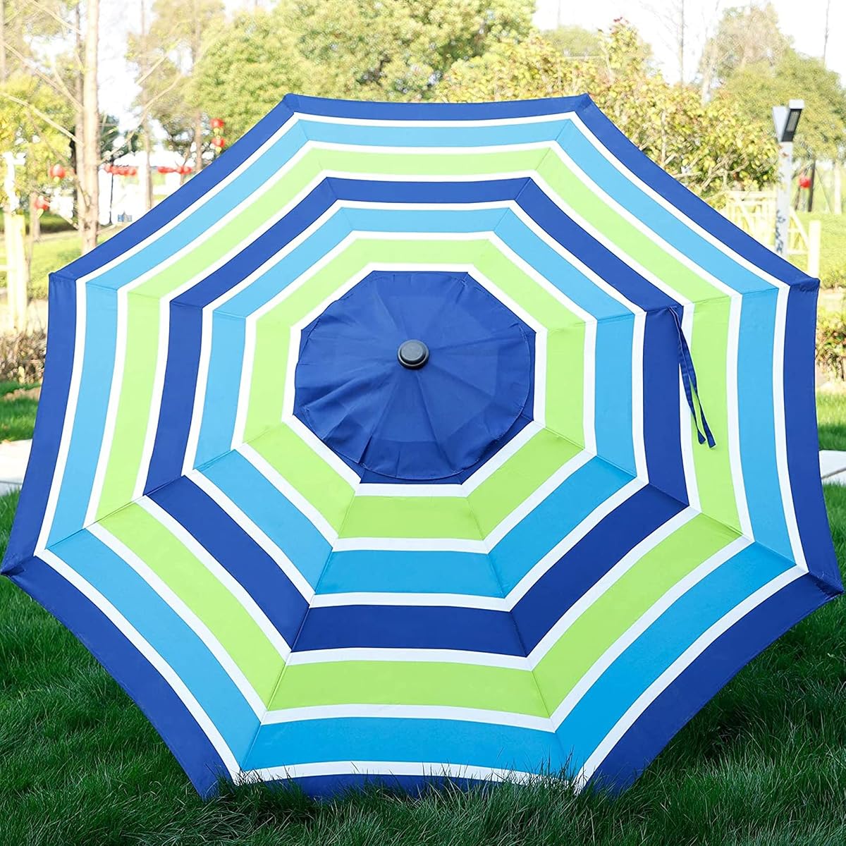 Blissun 9' Outdoor Patio Umbrella, Striped Patio Umbrella, Outdoor Table Umbrella, Market Umbrella with 8 Sturdy Ribs, Push Button Tilt and Crank (Blue and Green) - detail image 3