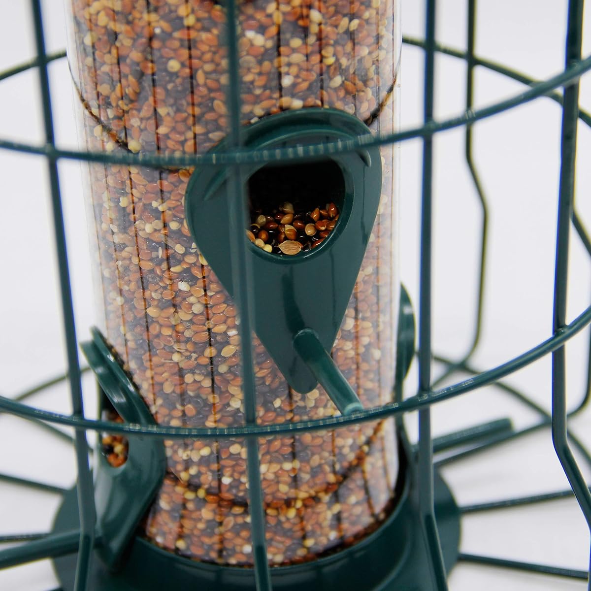 FORUP Caged Tube Feeder, Squirrel Proof Wild Bird Feeder, Outdoor Birdfeeder with Large Metal Seed Guard Deterrent for Large Birds, Green - imagen de detalle 3