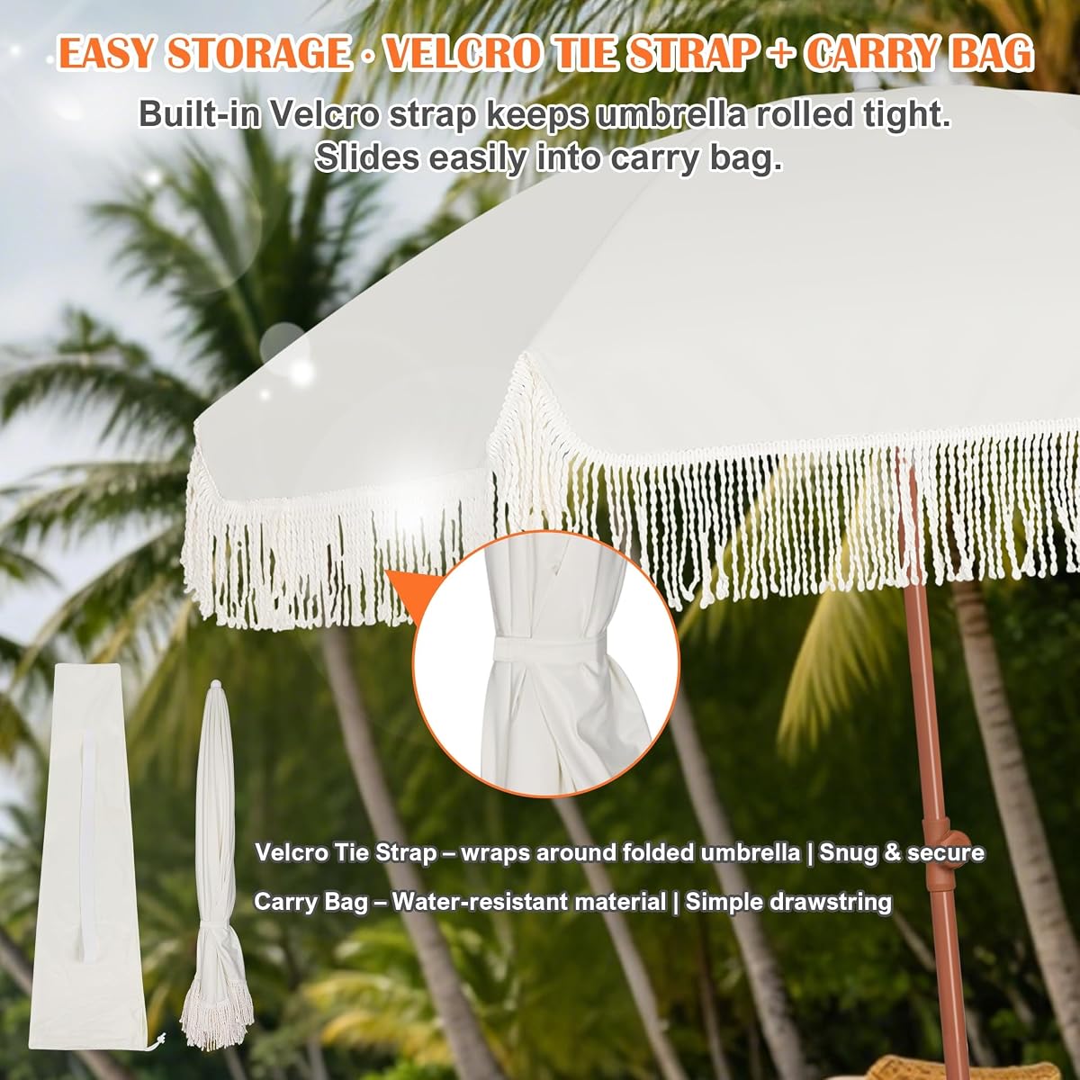 Blissun 6.5FT Outdoor Patio Umbrella with Fringe, UPF 50+ Sun Protection, Push Button Tilt & Height Adjustable, Sturdy Fiberglass Ribs & Brown Powder Coated Iron Pole, Includes Carry Bag, for Garden Backyard Beach Picnic, Light Beige - detail image 6