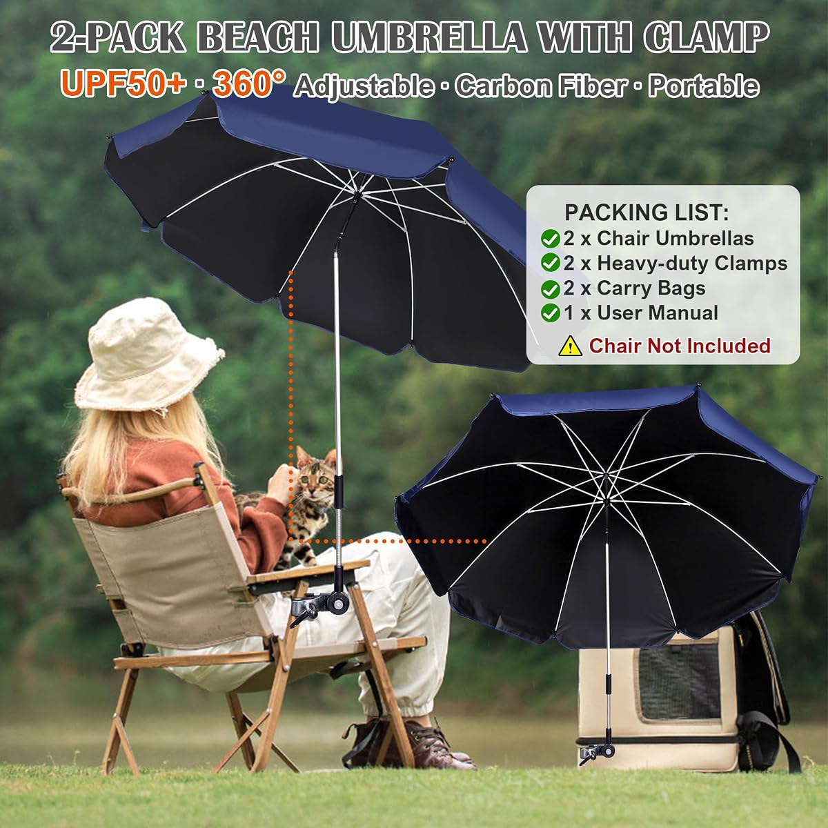 Blissun 2 Pack Chair Umbrella with Clamp, Adjustable Umbrellas for Chair, UPF50+ Sun Shade Umbrella for Beach Chair, Wheelchair, Camping Chair, Patio Chair, Golf Carts, Navy Blue - detail image 2