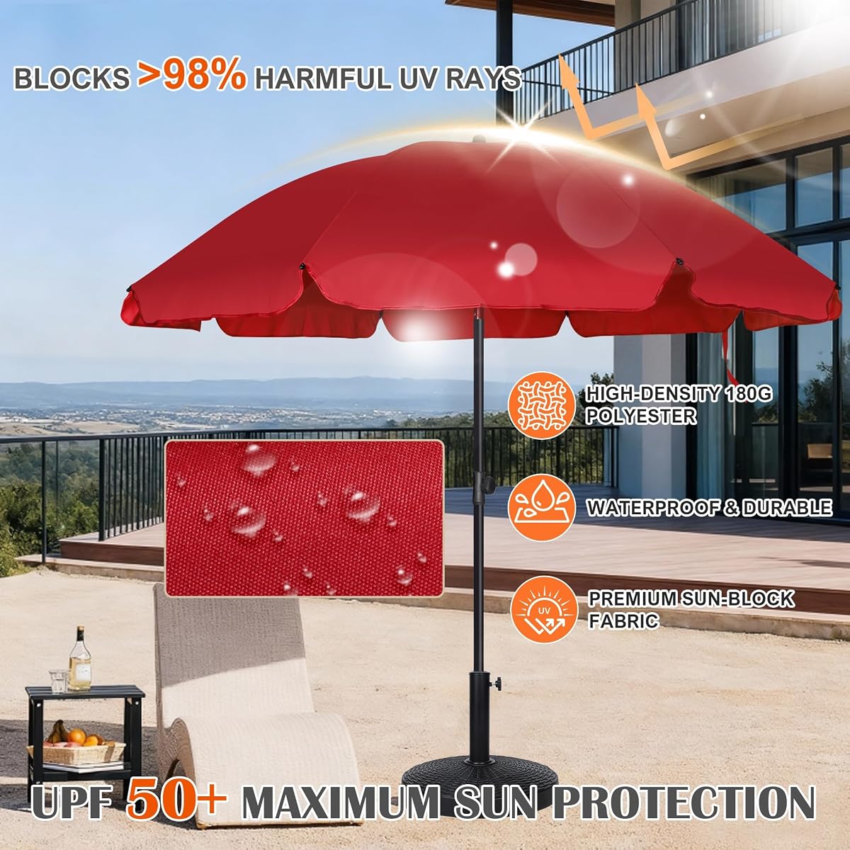 Blissun 6.5ft Patio Umbrella with Push Button Tilt & Height Adjustable, UV50+ Sun Protection with Sturdy Fiberglass Ribs & Iron Pole, Market Umbrella for Outdoor Table Garden Backyard Beach, Red - detail image 4