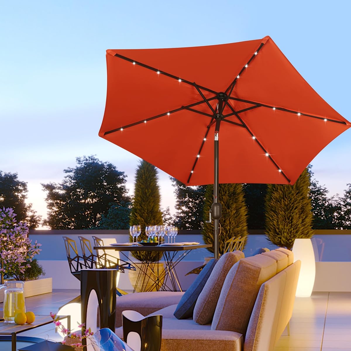 Blissun 7.5 ft Solar Umbrella 18 LED Lighted Patio Umbrella Table Market Umbrella, Orange - detail image 6