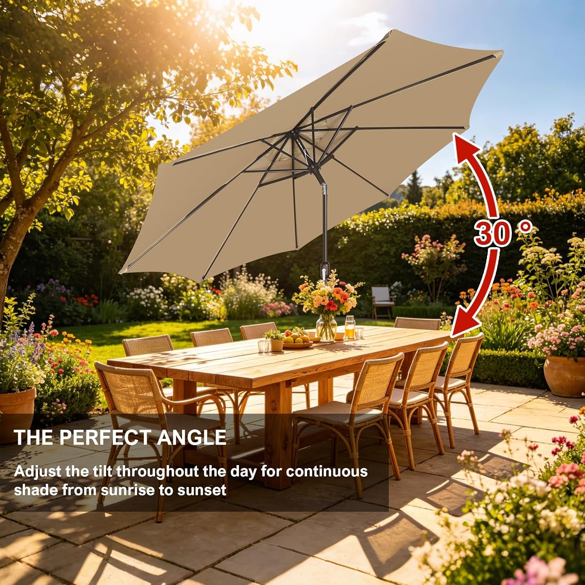 Blissun 9' Outdoor Patio Umbrella, Outdoor Table Umbrella, Yard Umbrella, Market Umbrella with 8 Sturdy Ribs, Push Button Tilt and Crank (Tan) - detail image 6