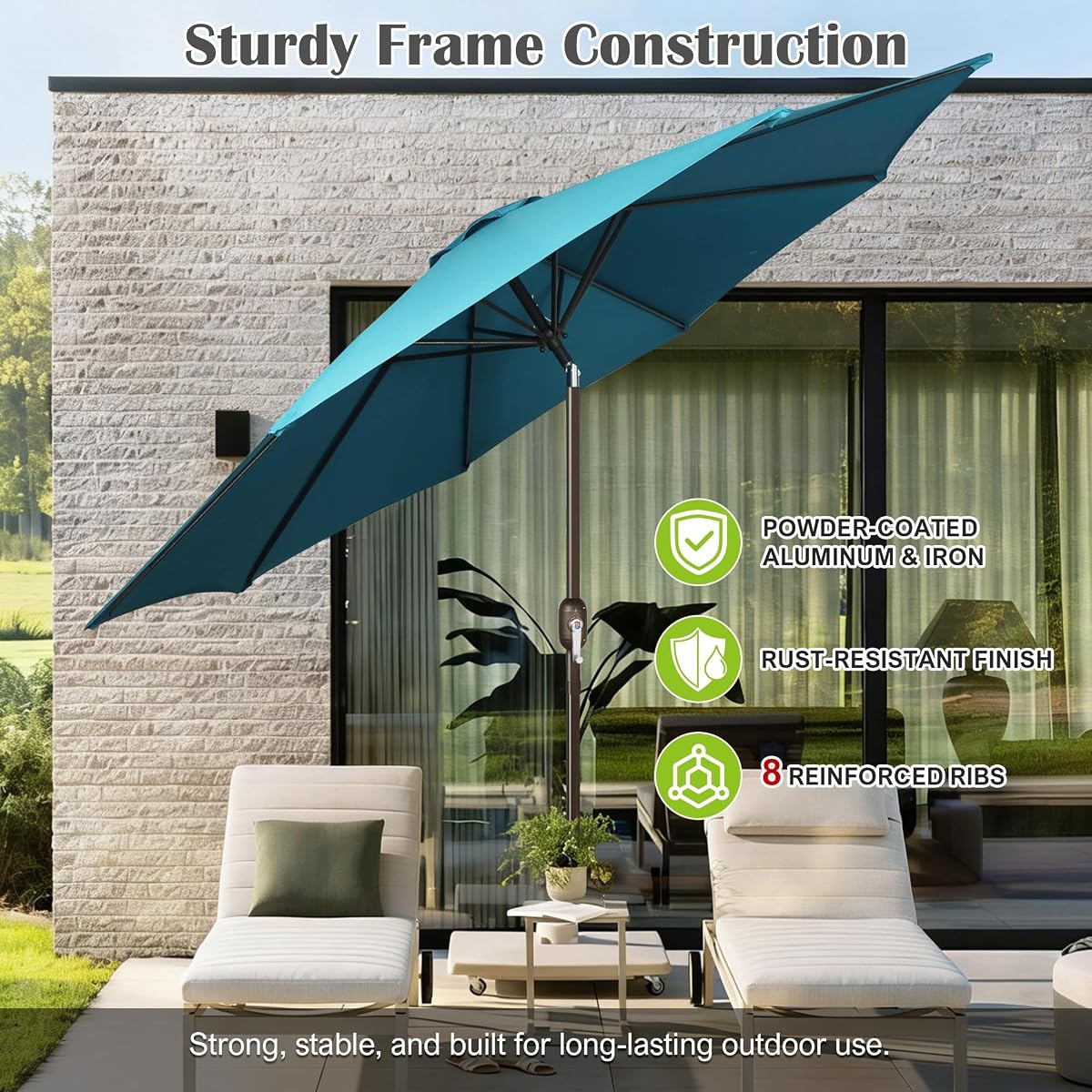 Blissun 10FT Patio Umbrella, Outdoor Table Umbrella, Yard Umbrella, Market Umbrella with 8 Sturdy Ribs, Push Button Tilt and Crank, Cerulean - detail image 2