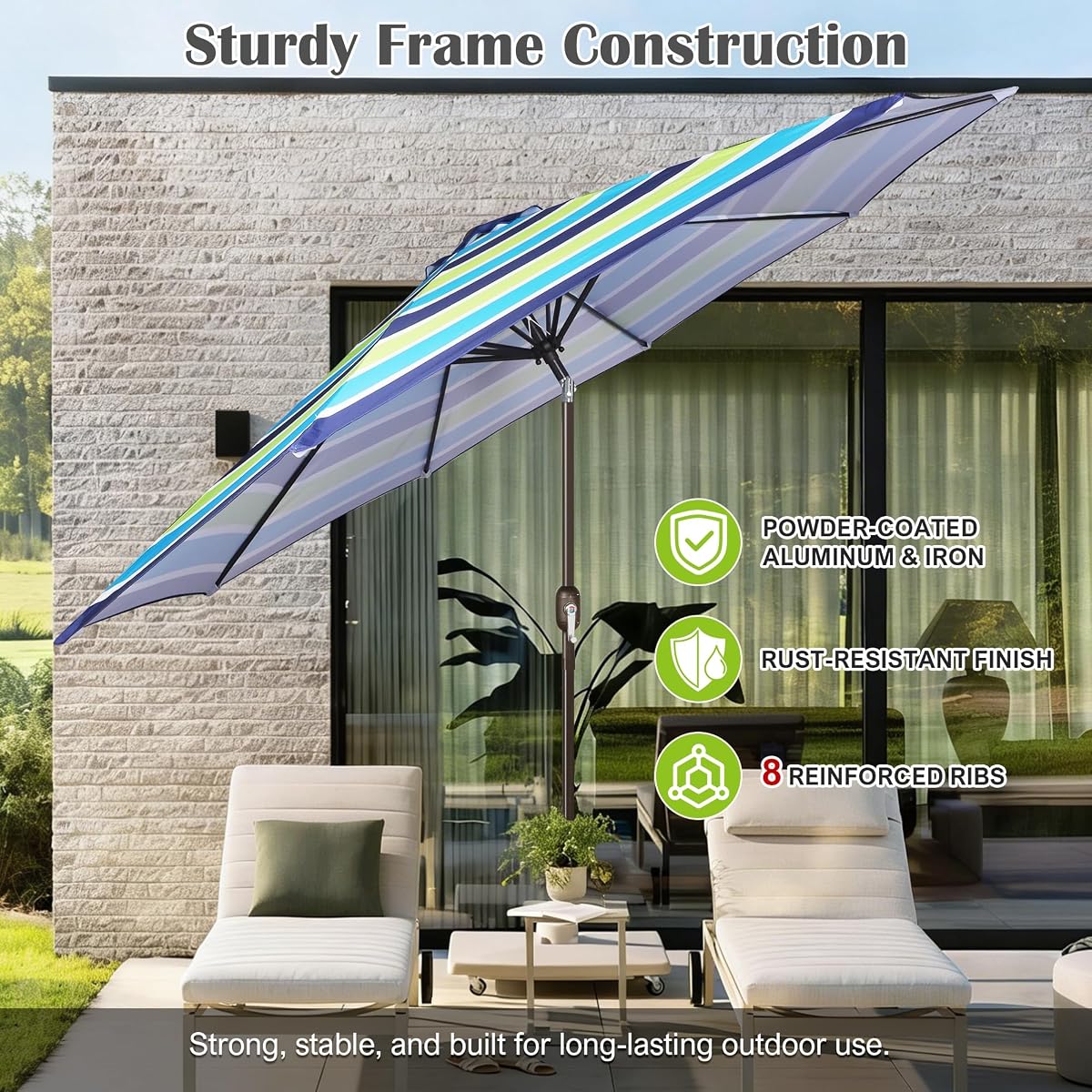Blissun 10FT Patio Umbrella, Outdoor Table Umbrella, Yard Umbrella, Market Umbrella with 8 Sturdy Ribs, Push Button Tilt and Crank, Blue & Green - detail image 2