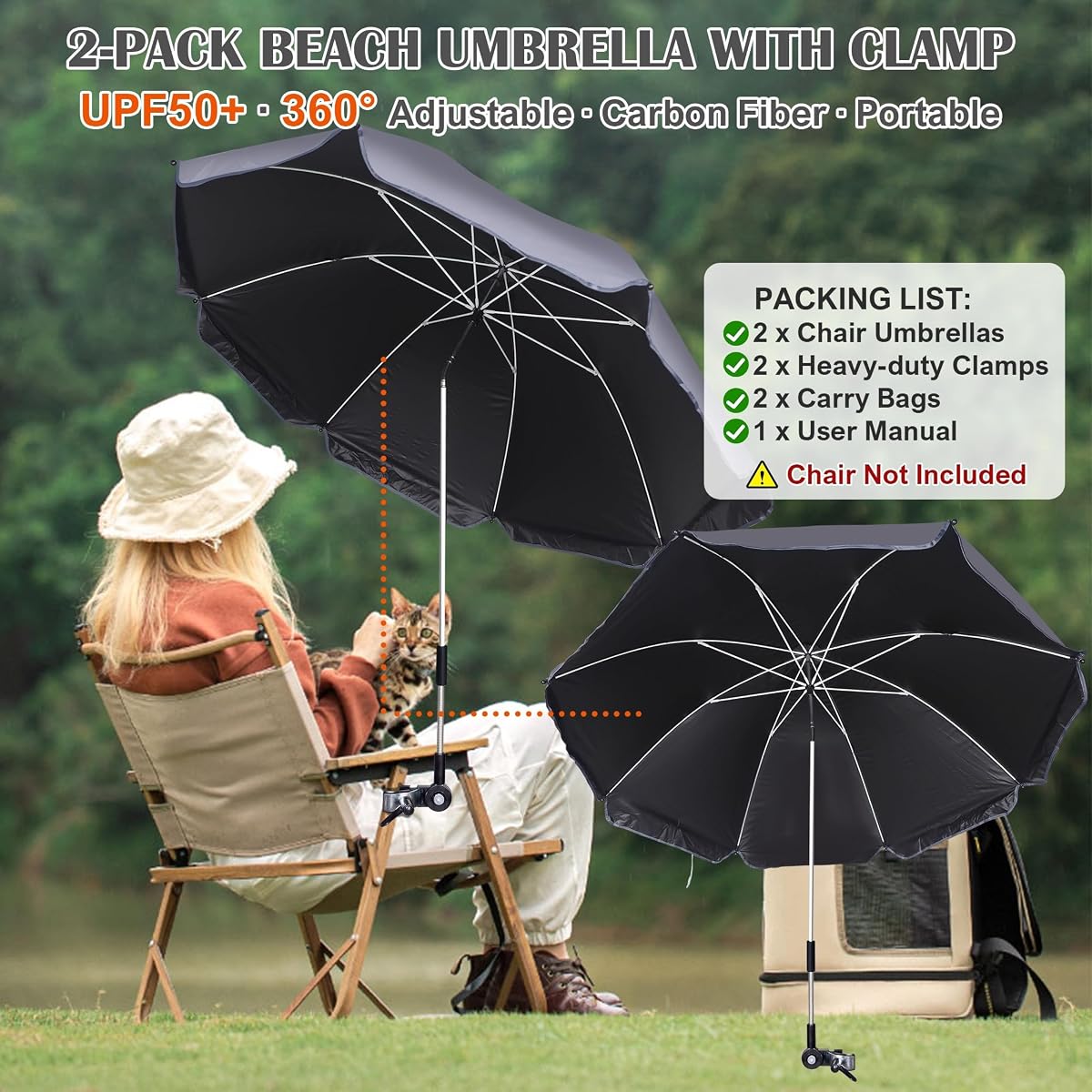 Blissun 2 Pack Chair Umbrella with Clamp, Adjustable Umbrellas for Chair, UPF50+ Sun Shade Umbrella for Beach Chair, Wheelchair, Camping Chair, Patio Chair, Golf Carts, Dark Grey - detail image 2
